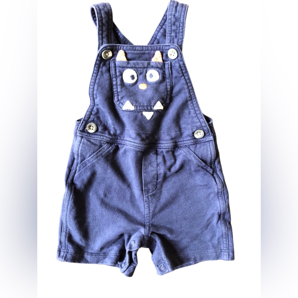 4/$20 Carters Navy Blue Monster Halloween Overalls Shorts Sz 12 Mo